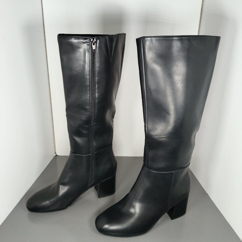 SO SELINA BLACK KNEE HIGH ZIP UP BOOTS WITH BLOCK HEEL. Size 11